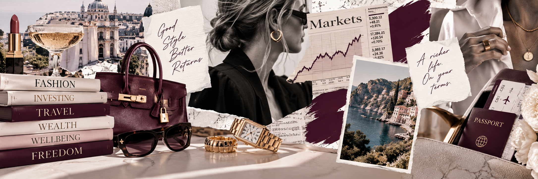 Money Suits Her editorial collage combining fashion, investing, market charts, jewellery, travel and financial freedom